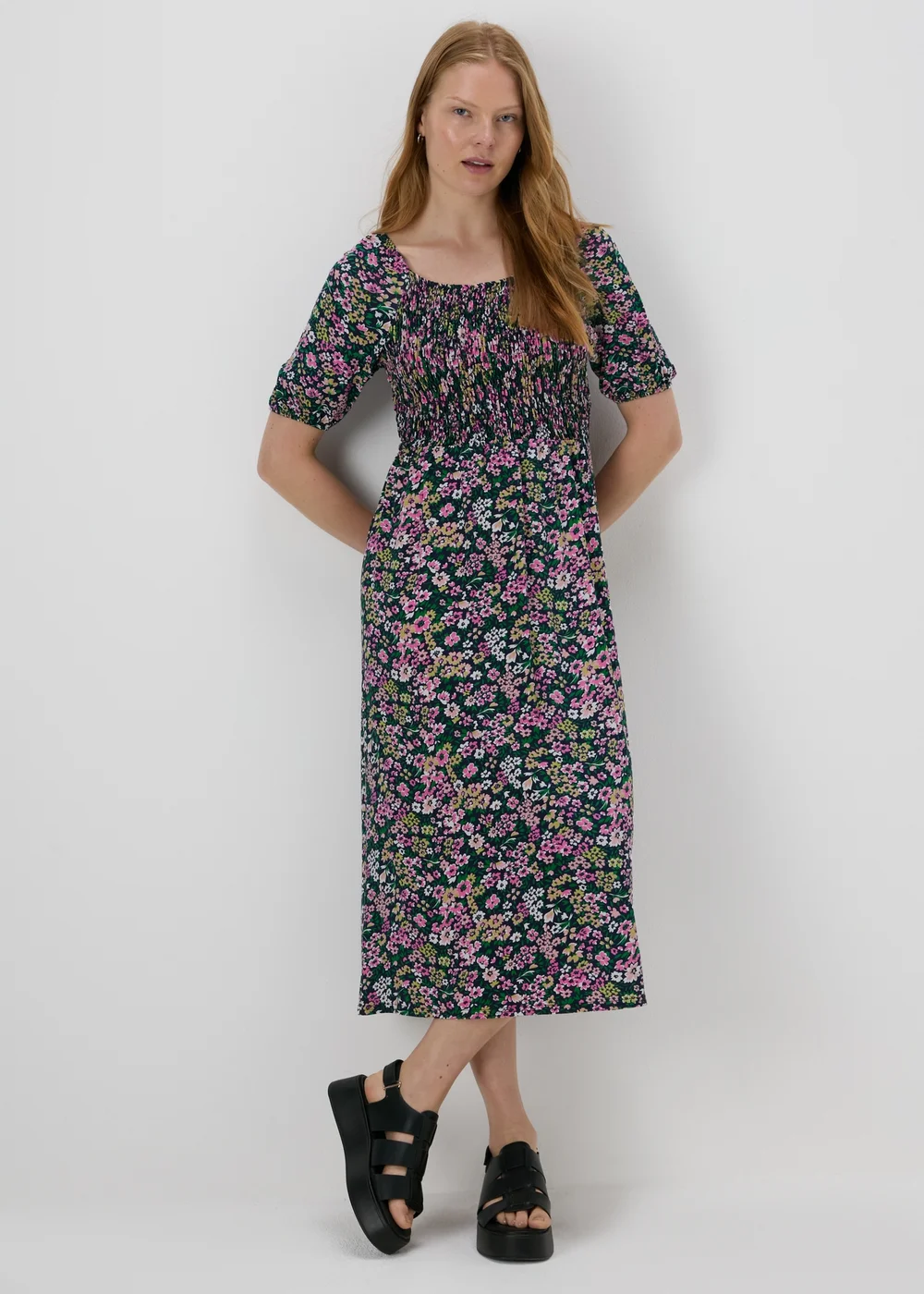 Multicolour Floral Square Neck Shirred Midi Dress - 8 Image 1