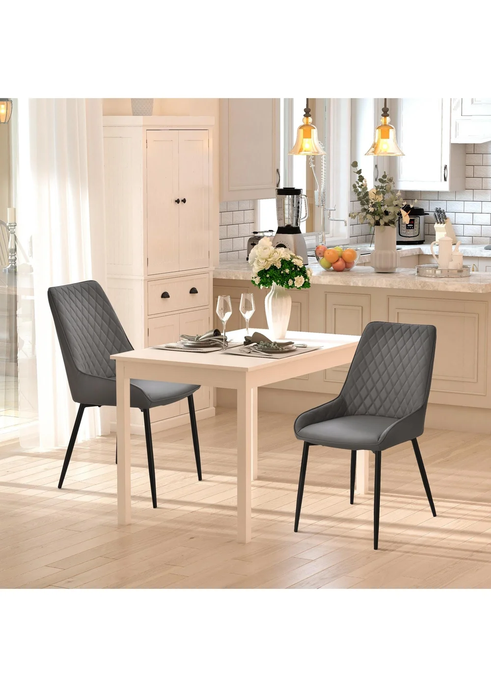 HOMCOM Grey Quilted PU Leather Dining Chairs Set of 2 (49cm x 60cm x 89cm) - No Size Image 1
