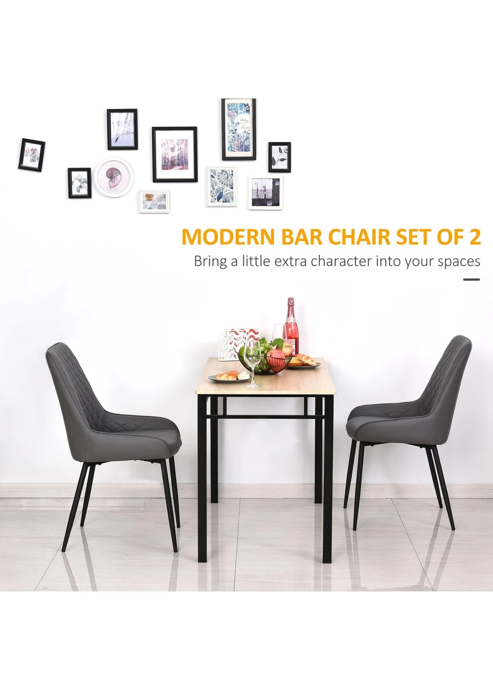 HOMCOM Grey Quilted PU Leather Dining Chairs Set of 2 (49cm x 60cm x 89cm) - No Size Image 5