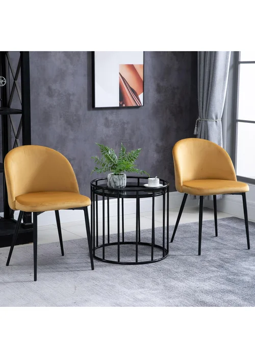 HOMCOM Yellow Upholstered Fabric Dining Chairs Set of 2 (49cm x 50cm x 77cm) - One Size Image 1