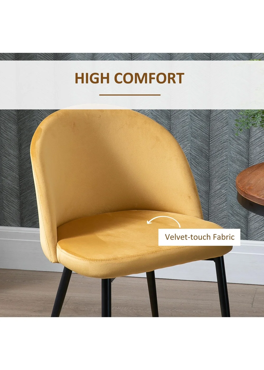 HOMCOM Yellow Upholstered Fabric Dining Chairs Set of 2 (49cm x 50cm x 77cm) - One Size Image 5