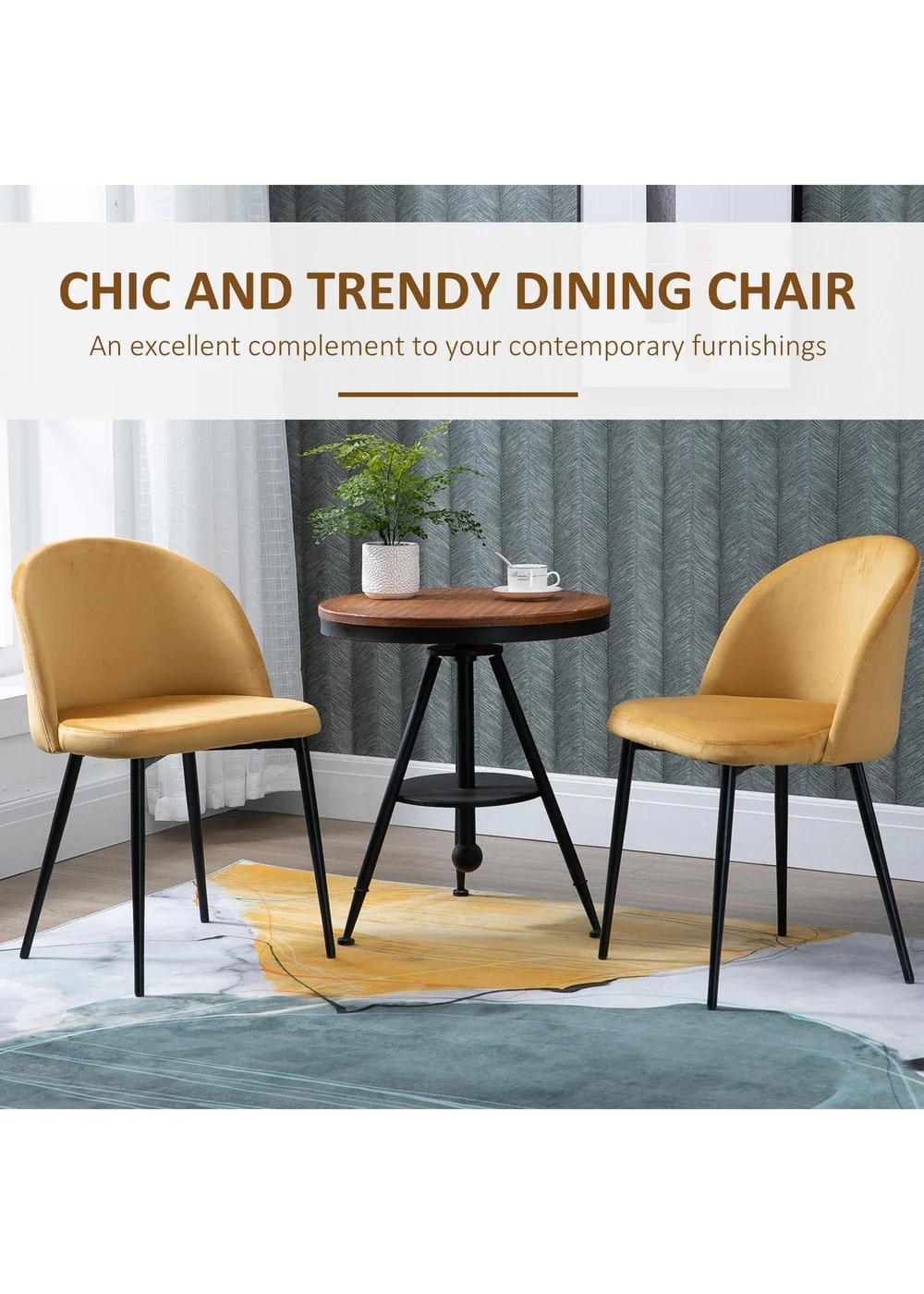 HOMCOM Yellow Upholstered Fabric Dining Chairs Set of 2 (49cm x 50cm x 77cm) - One Size Image 4