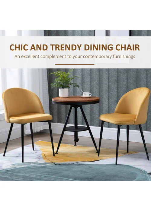 HOMCOM Yellow Upholstered Fabric Dining Chairs Set of 2 (49cm x 50cm x 77cm) - One Size Image 4