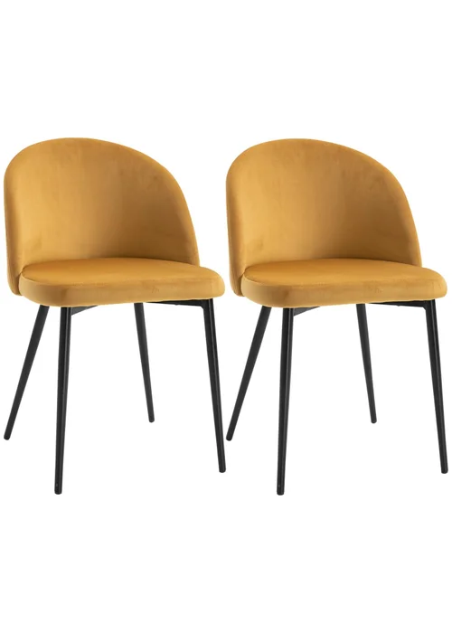 HOMCOM Yellow Upholstered Fabric Dining Chairs Set of 2 (49cm x 50cm x 77cm) - One Size Image 2