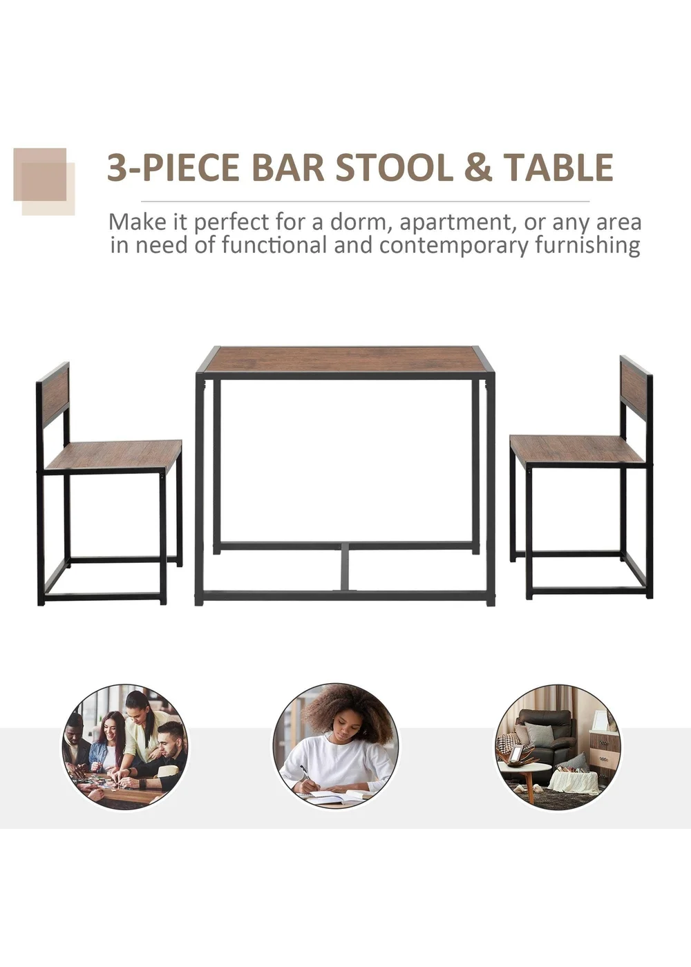 HOMCOM Brown Table Stool 3 Pcs Set (90cm x 47cm x 76cm) - One Size Image 5