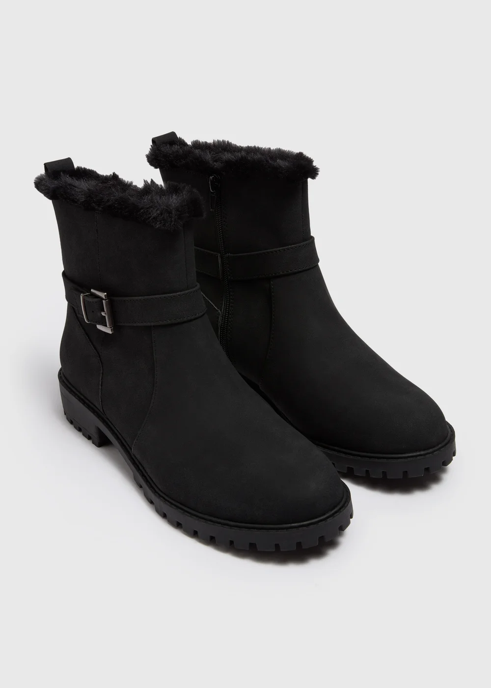 Wide Fit Fur Lined Black Biker Boots - Size 3 Image 1
