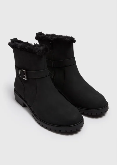 Wide Fit Fur Lined Black Biker Boots - Size 3 Image 1