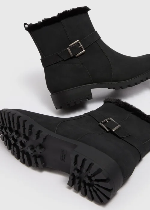 Wide Fit Fur Lined Black Biker Boots - Size 3 Image 2