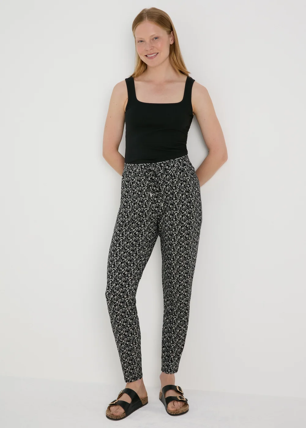 Black Floral Print Harem Trousers - Size 8 Image 1