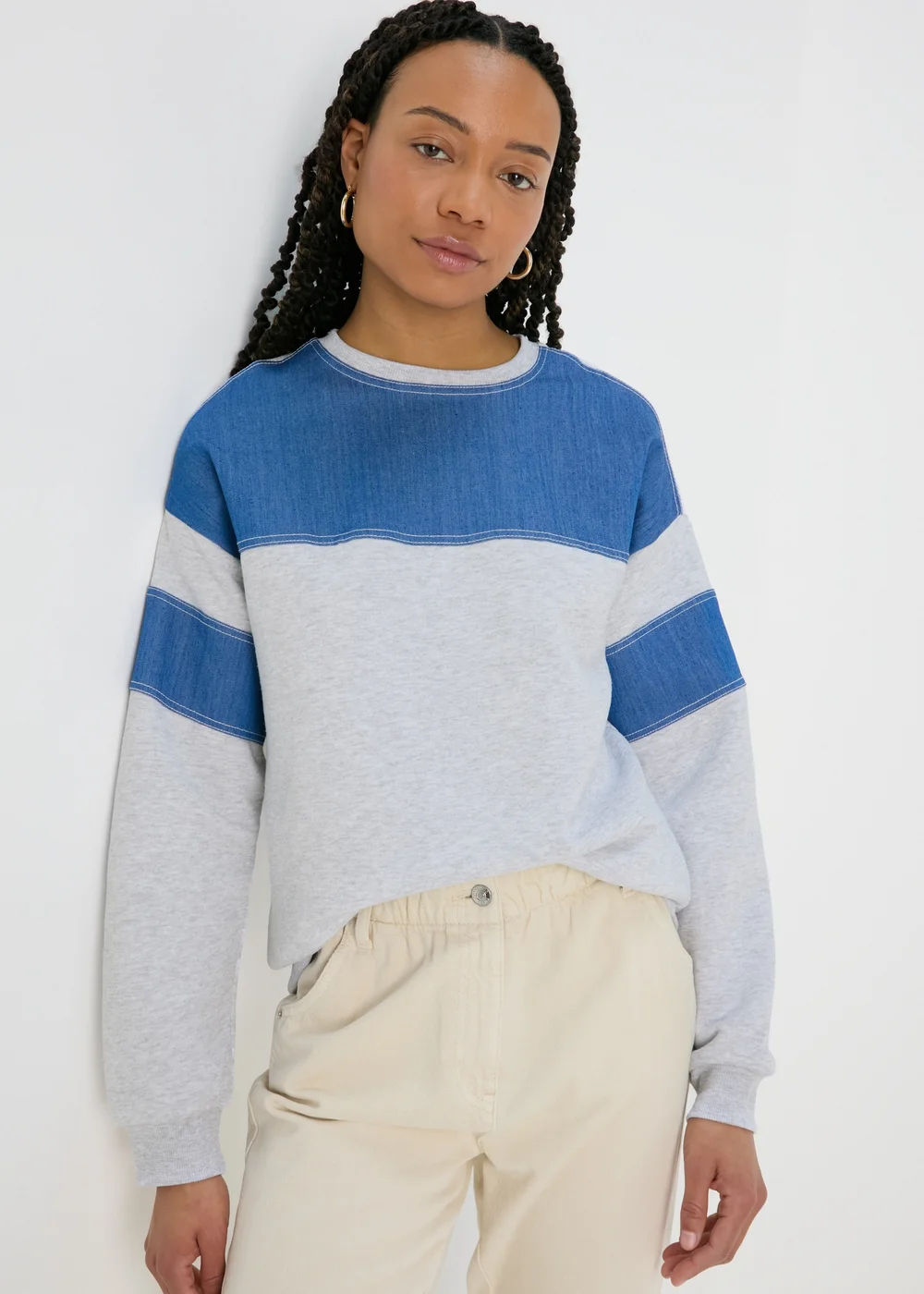 Grey Denim Mix Sweatshirt - Small Image 1