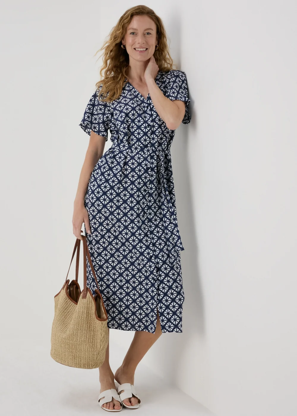 Blue Geometric Print Midi Shirt Dress - 8 Image 4
