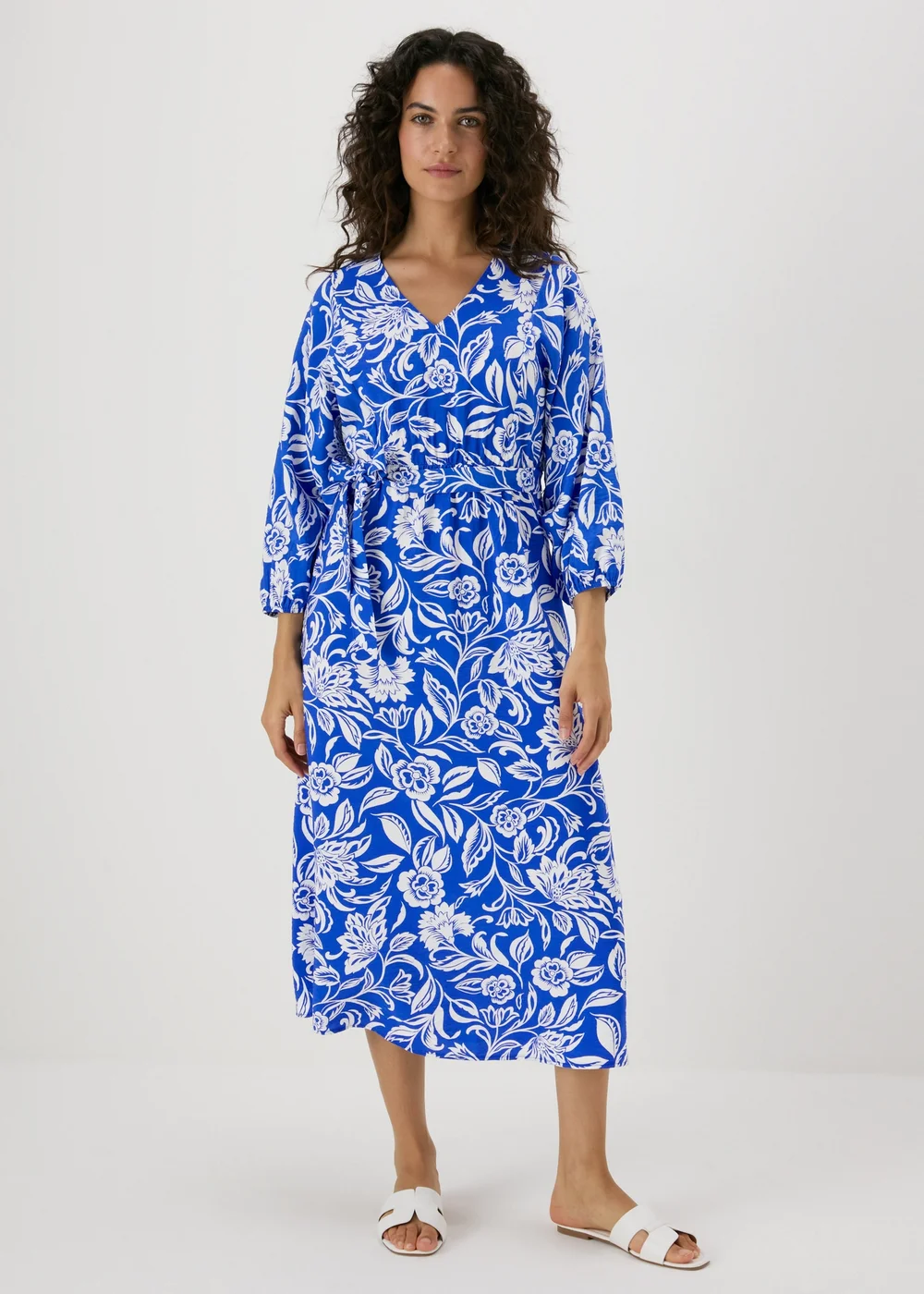 Blue Floral Print Tie Waist Midi Dress - 8 Image 1