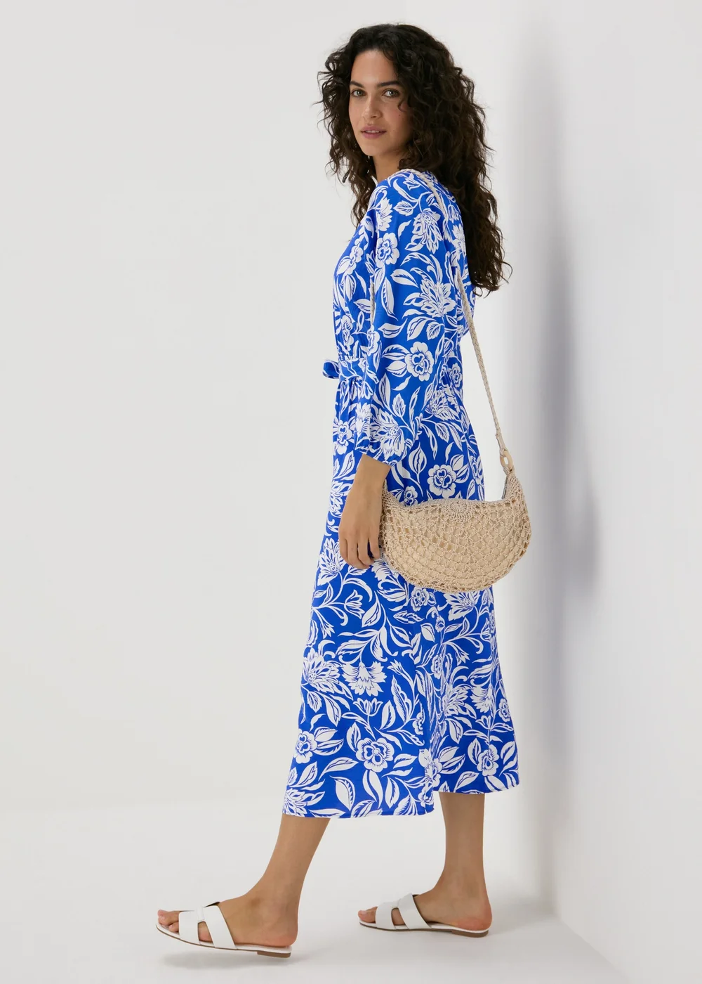 Blue Floral Print Tie Waist Midi Dress - 8 Image 4