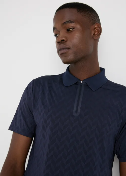 Souluxe Navy Patterned Zip Polo Shirt - S Image 1
