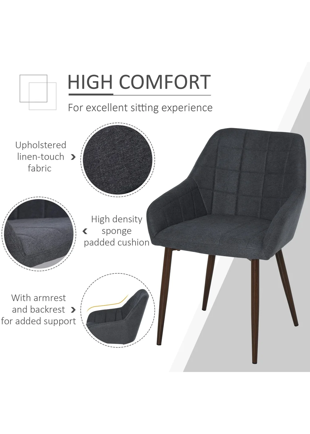 HOMCOM Grey Dining Chair with Metal Leg 2 Pieces (57cm x 58cm x 81cm) - One Size Image 5