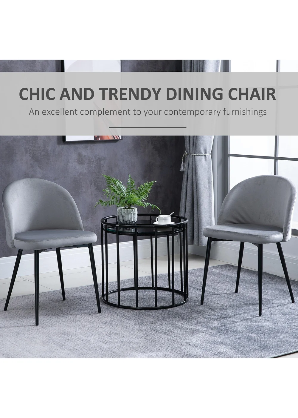 HOMCOM Grey Upholstered Fabric Dining Chairs Set of 2 (49cm x 50cm x 77cm) - No Size Image 4