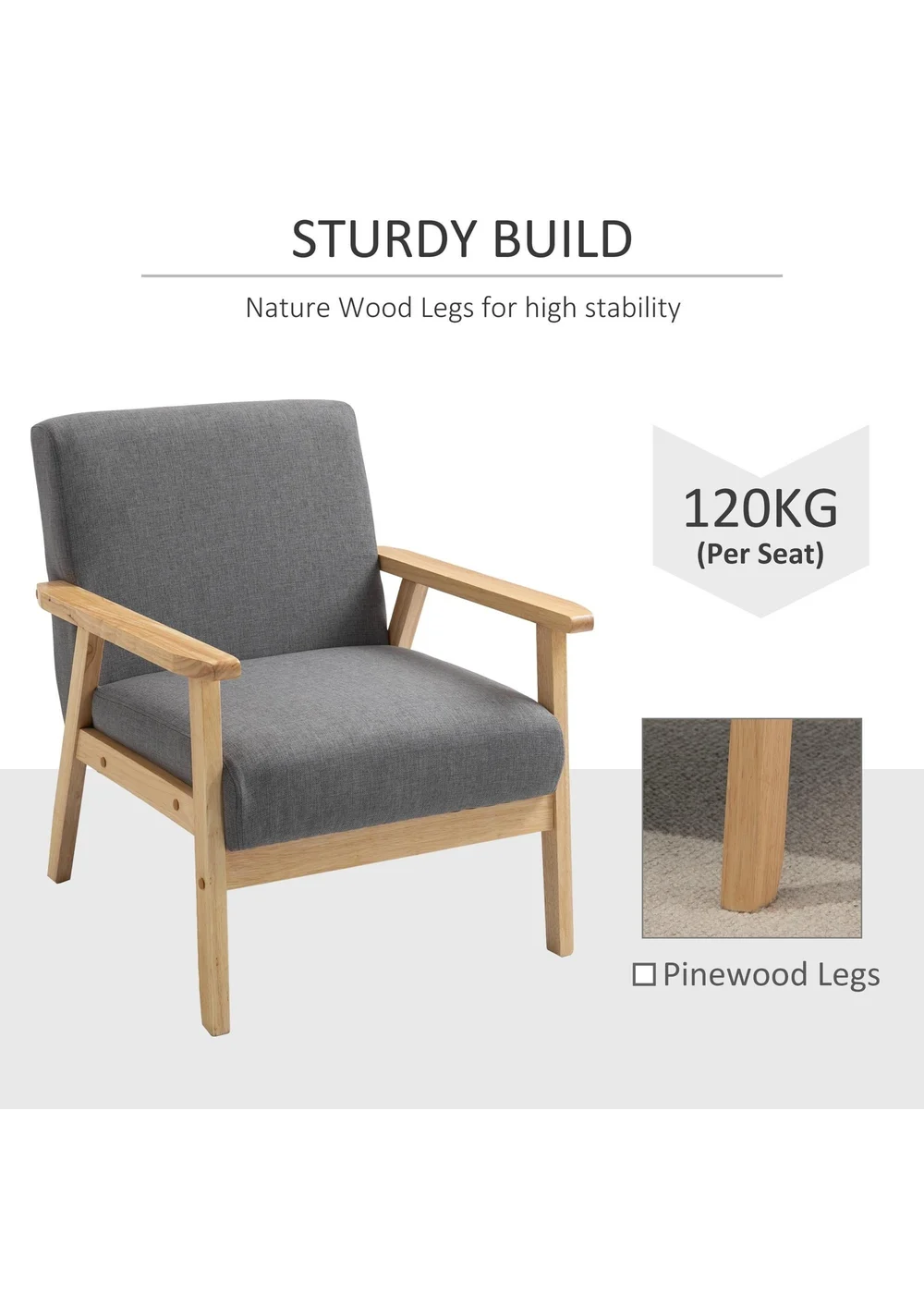 HOMCOM Grey Minimalistic Accent Chair with Linen Cushions (64cm x 70cm x 72cm) - One Size Image 5