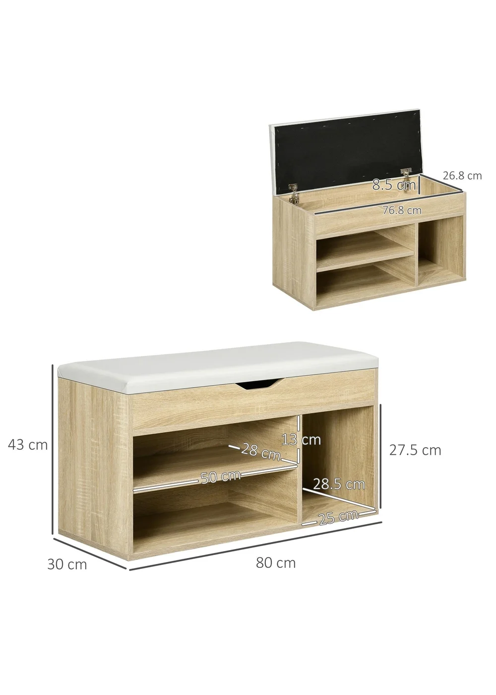 HOMCOM Grey Sit-On Shoe Storage Unit (80cm x 30cm x 43cm) - One Size Image 3