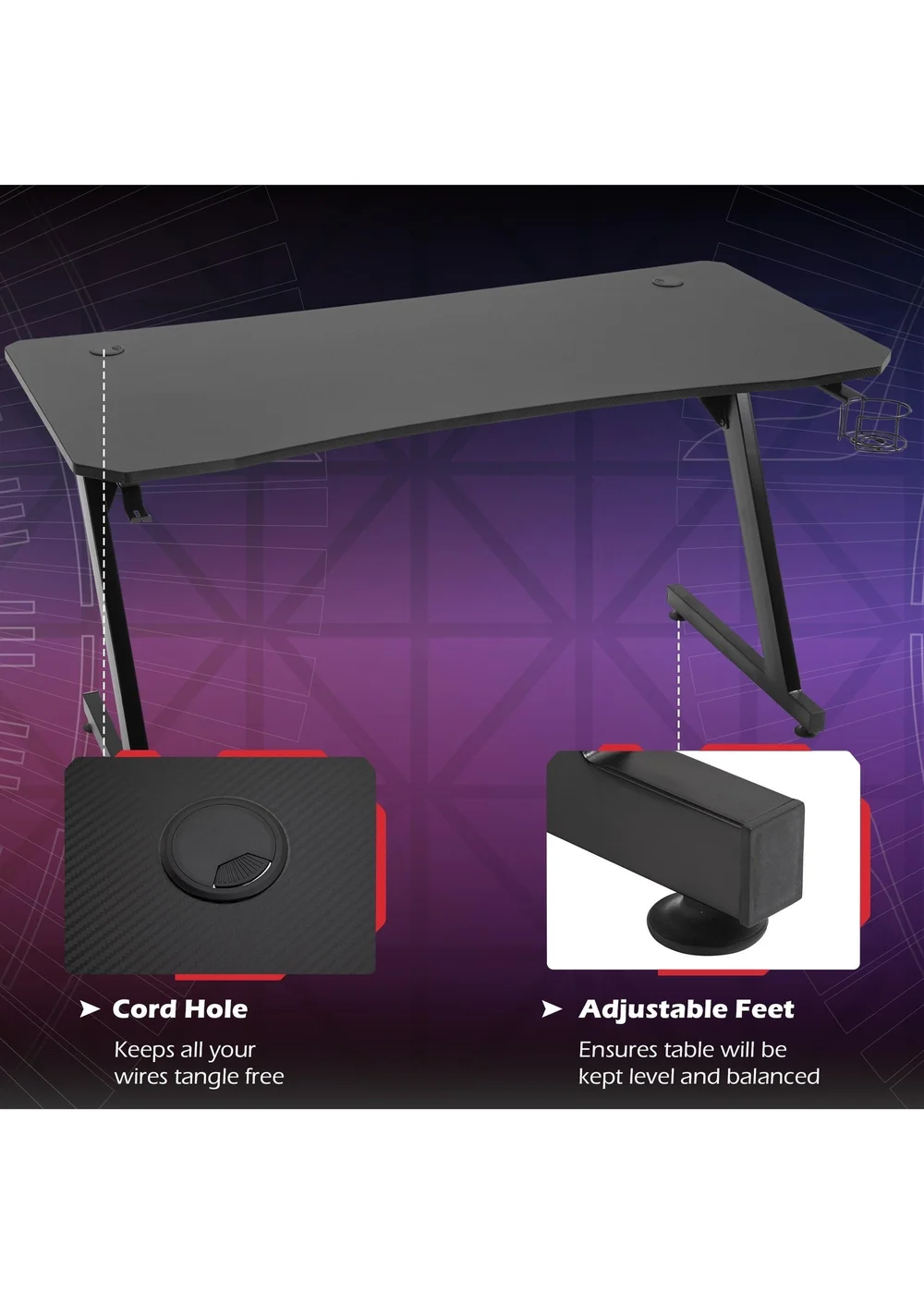 HOMCOM Black Gaming Desk Adjustable Feet (120cm x 65cm x 74.5cm) - One Size Image 5