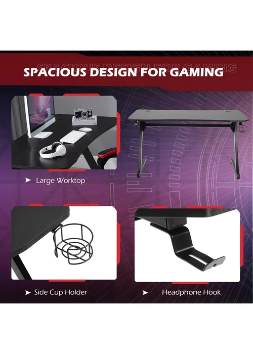 HOMCOM Black Gaming Desk Adjustable Feet (120cm x 65cm x 74.5cm) - One Size Image 4