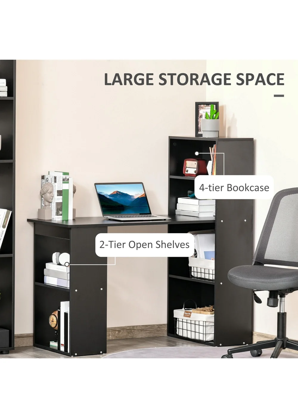 HOMCOM Black Writing Table Workstation 6 Shelves (120cm x 55cm x 120cm) - One Size Image 5