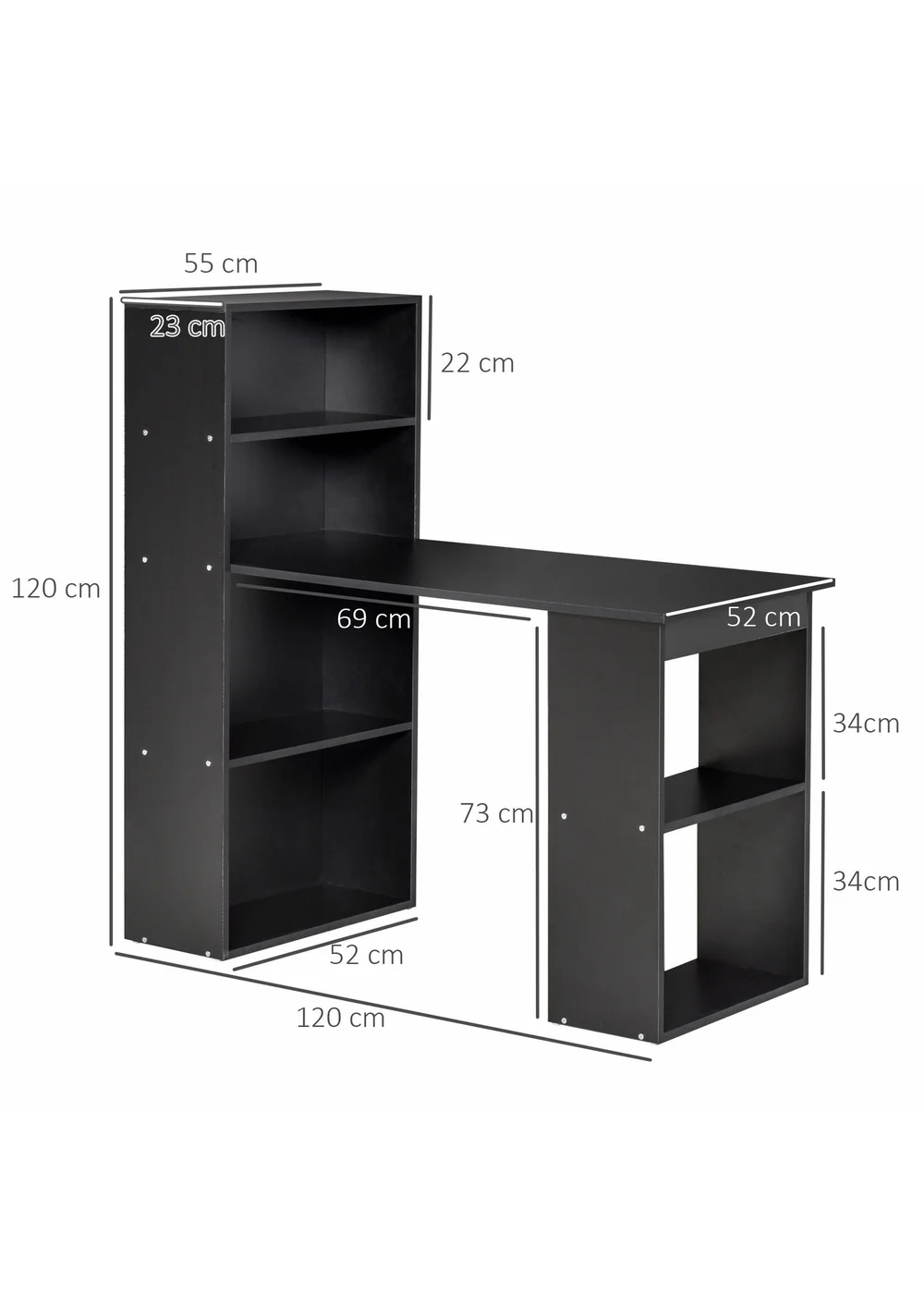 HOMCOM Black Writing Table Workstation 6 Shelves (120cm x 55cm x 120cm) - One Size Image 3
