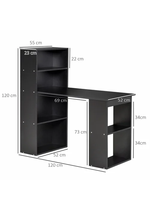 HOMCOM Black Writing Table Workstation 6 Shelves (120cm x 55cm x 120cm) - One Size Image 3