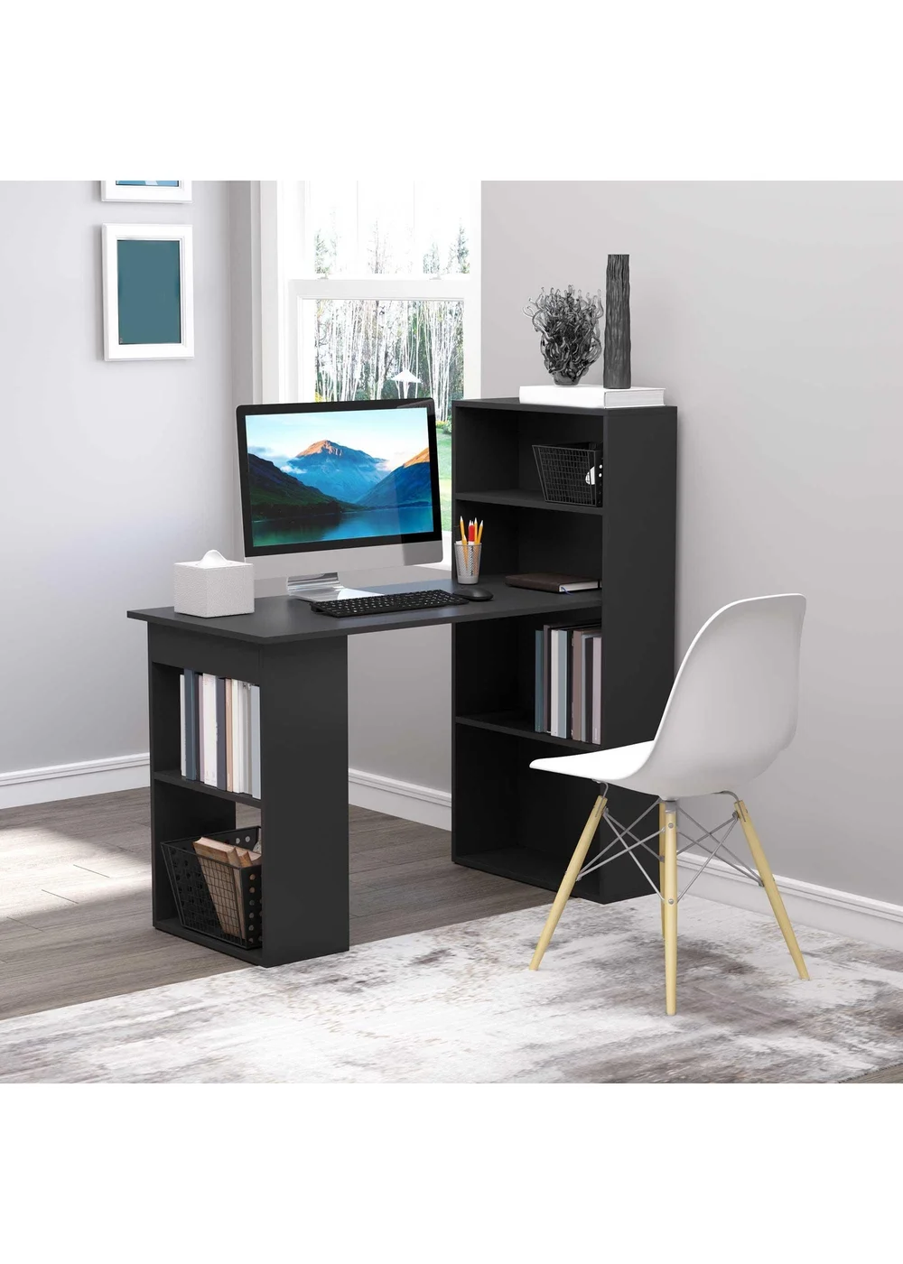 HOMCOM Black Writing Table Workstation 6 Shelves (120cm x 55cm x 120cm) - One Size Image 1