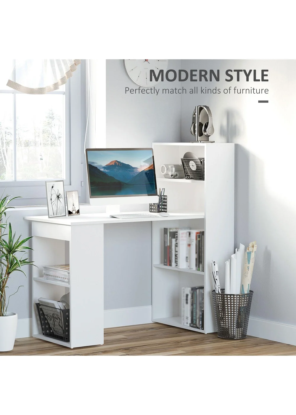 HOMCOM White Writing Table Workstation 6 Shelves (120cm x 55cm x 120cm) - No Size Image 4