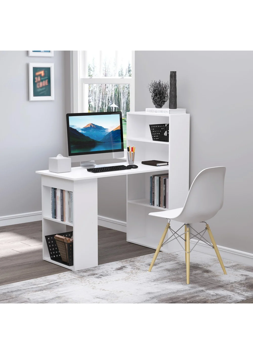 HOMCOM White Writing Table Workstation 6 Shelves (120cm x 55cm x 120cm) - No Size Image 1