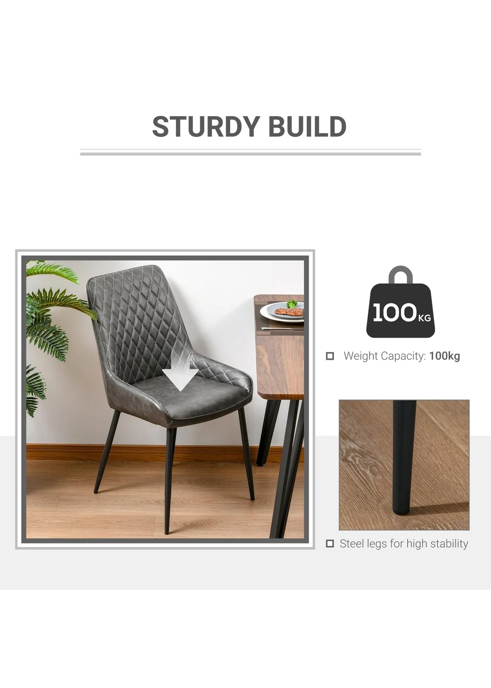 HOMCOM Grey Retro Dining Chair Set of 2 (49cm x 60cm x 89cm) - One Size Image 5