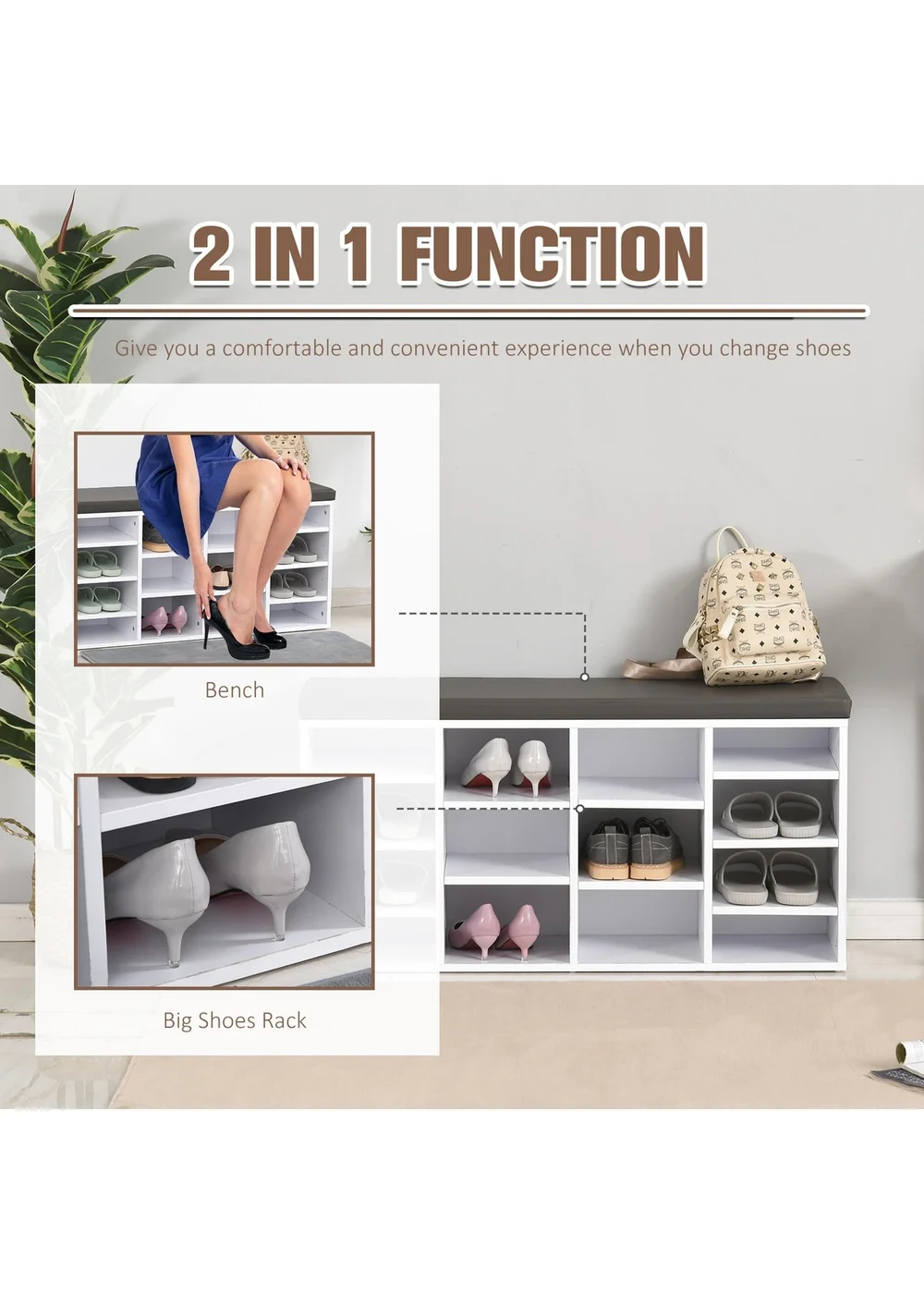 HOMCOM White Multi-Storage Cushion Shoe Rack 14 Compartments (103.5cm x 30cm x 48cm) - One Size Image 4