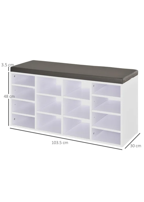 HOMCOM White Multi-Storage Cushion Shoe Rack 14 Compartments (103.5cm x 30cm x 48cm) - One Size Image 3