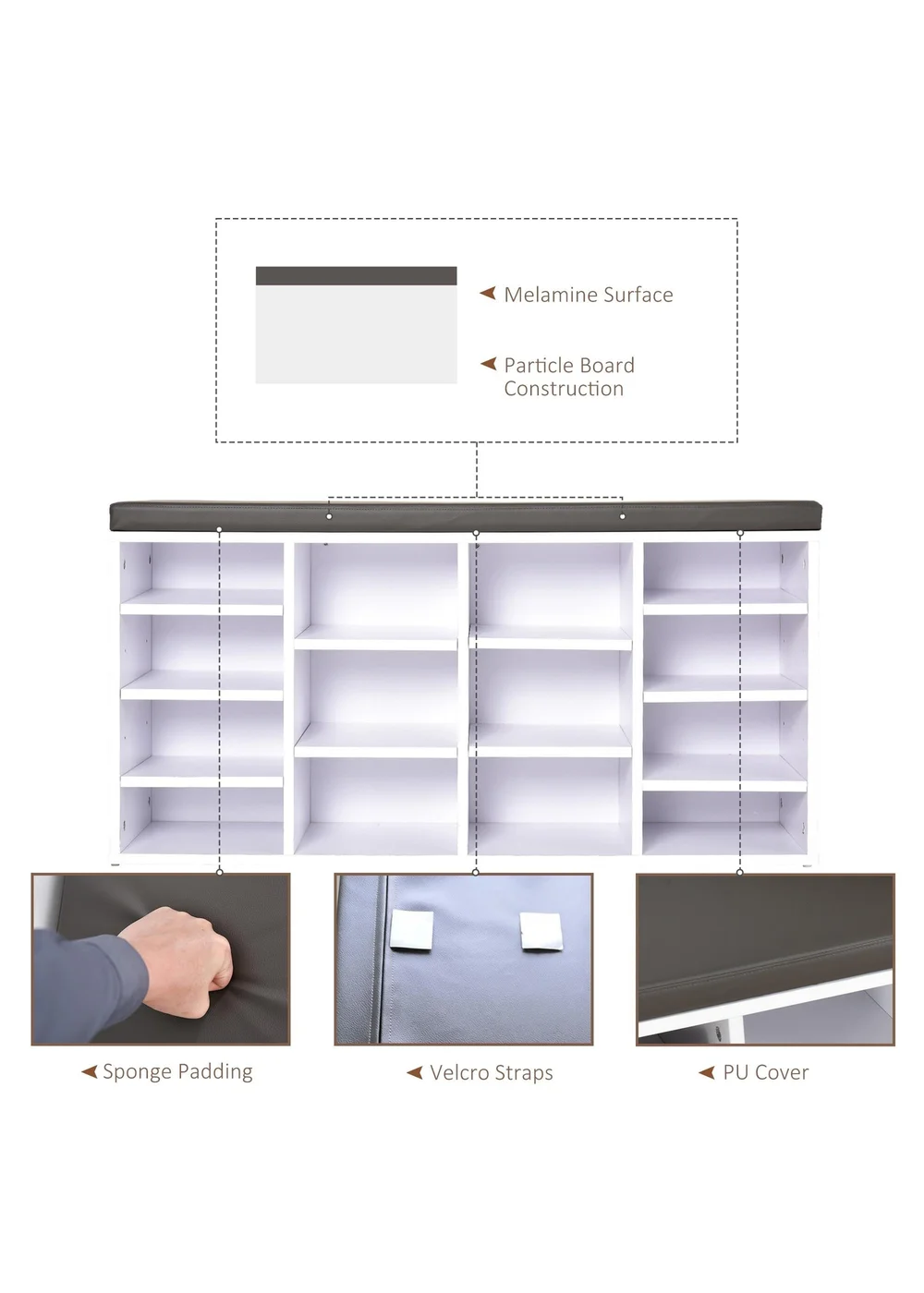 HOMCOM White Multi-Storage Cushion Shoe Rack 14 Compartments (103.5cm x 30cm x 48cm) - One Size Image 5