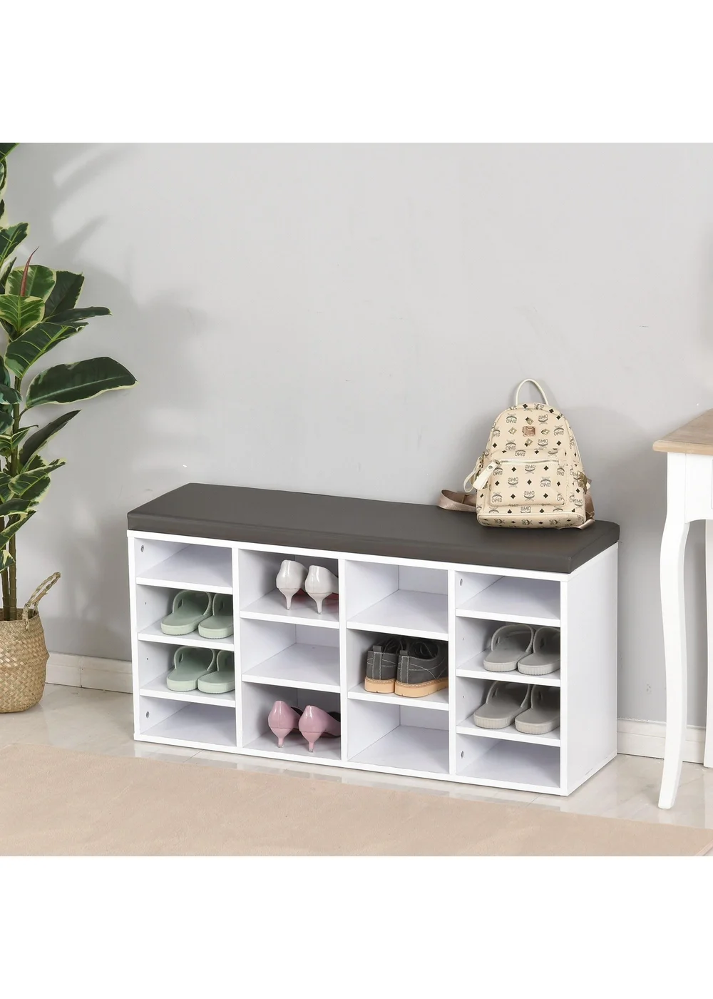 HOMCOM White Multi-Storage Cushion Shoe Rack 14 Compartments (103.5cm x 30cm x 48cm) - One Size Image 1