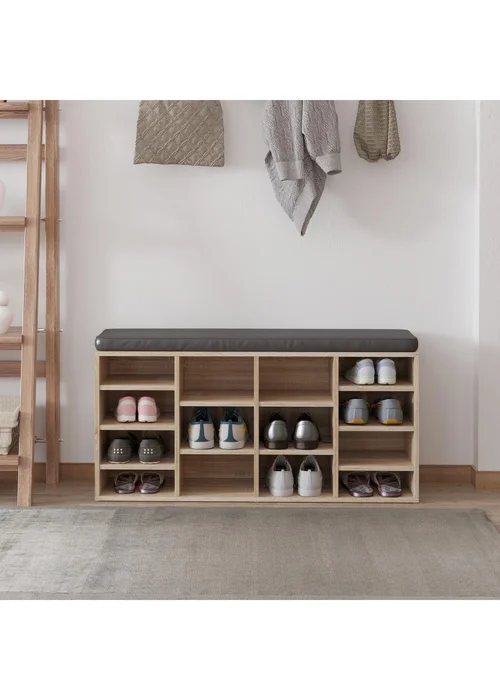 HOMCOM Natural Multi-Storage Cushion Shoe Rack 14 Compartments (103.5cm x 30cm x 48cm) - One Size Image 1