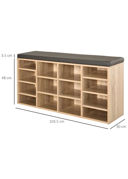 HOMCOM Natural Multi-Storage Cushion Shoe Rack 14 Compartments (103.5cm x 30cm x 48cm) - One Size Image 3