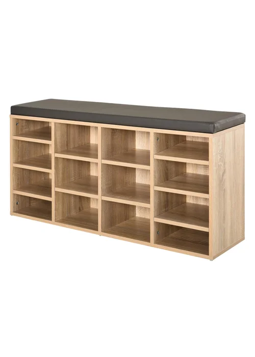 HOMCOM Natural Multi-Storage Cushion Shoe Rack 14 Compartments (103.5cm x 30cm x 48cm) - One Size Image 2