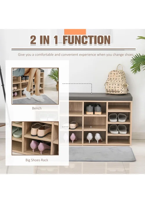 HOMCOM Natural Multi-Storage Cushion Shoe Rack 14 Compartments (103.5cm x 30cm x 48cm) - One Size Image 4