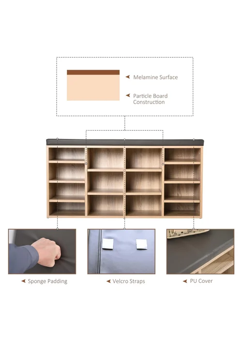 HOMCOM Natural Multi-Storage Cushion Shoe Rack 14 Compartments (103.5cm x 30cm x 48cm) - One Size Image 5