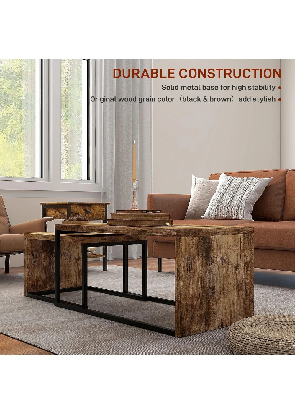 HOMCOM Brown Set of 2 Coffee Tables (90cm x 48cm x 42cm) - One Size Image 5