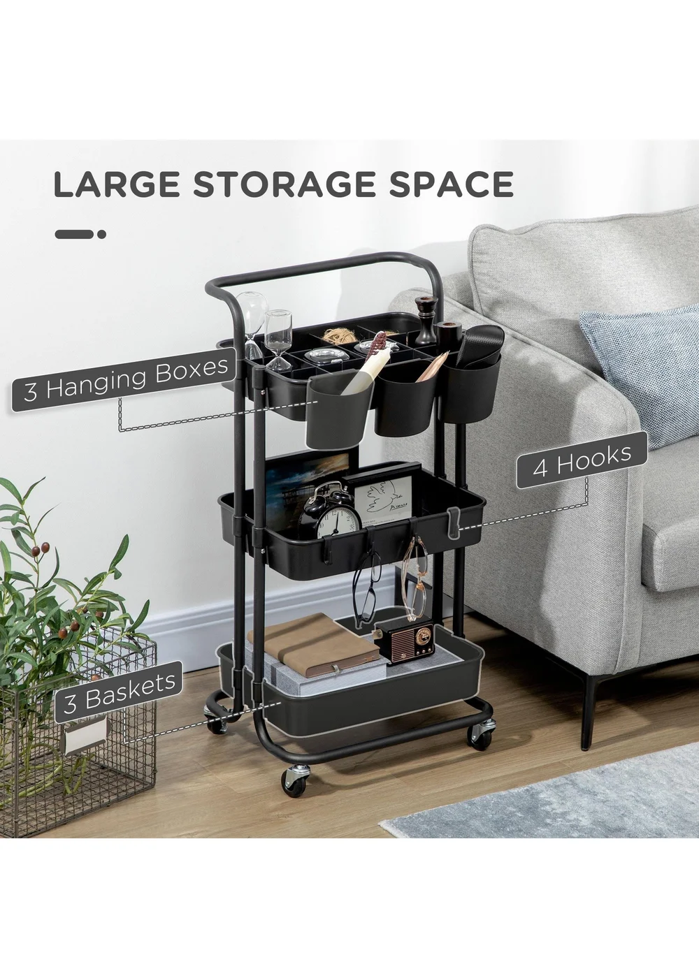 HOMCOM Black 3-Tier Utility Cart (42cm x 38cm x 86.5cm) - One Size Image 4