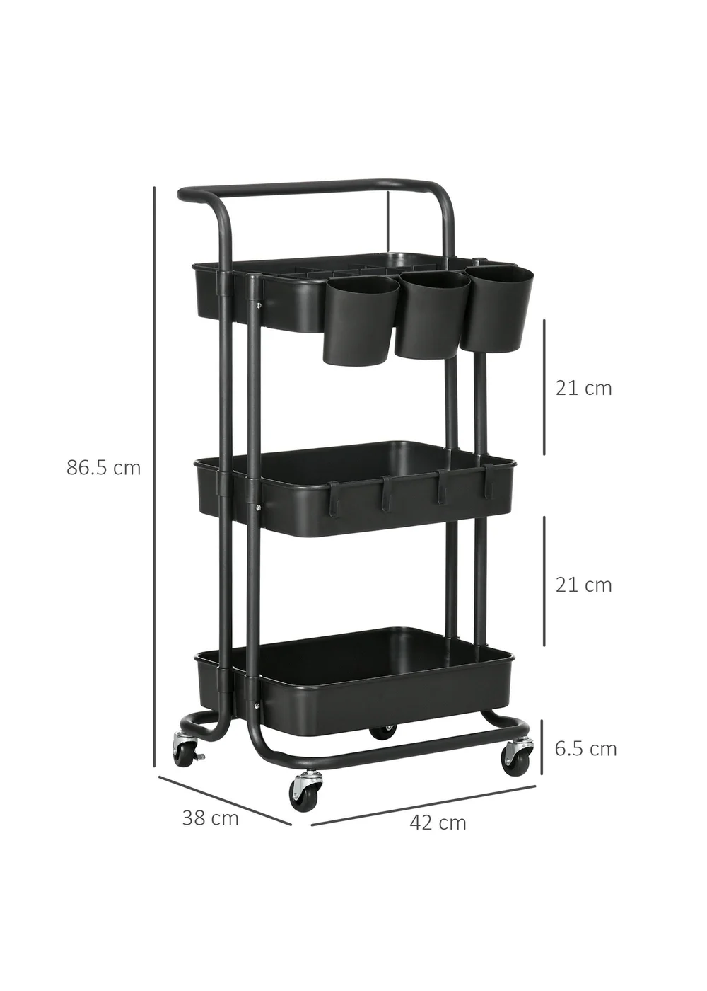HOMCOM Black 3-Tier Utility Cart (42cm x 38cm x 86.5cm) - One Size Image 3