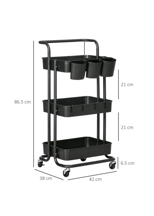 HOMCOM Black 3-Tier Utility Cart (42cm x 38cm x 86.5cm) - One Size Image 3