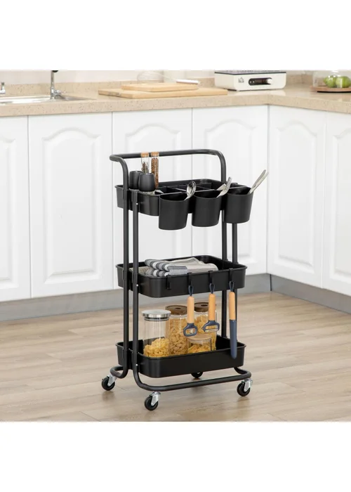HOMCOM Black 3-Tier Utility Cart (42cm x 38cm x 86.5cm) - One Size Image 1