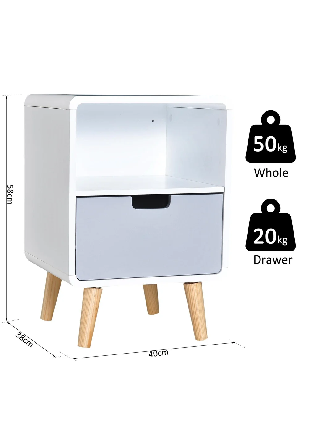 HOMCOM White Nordic Style Bedside Table (40cm x 38cm x 58cm) - One Size Image 3