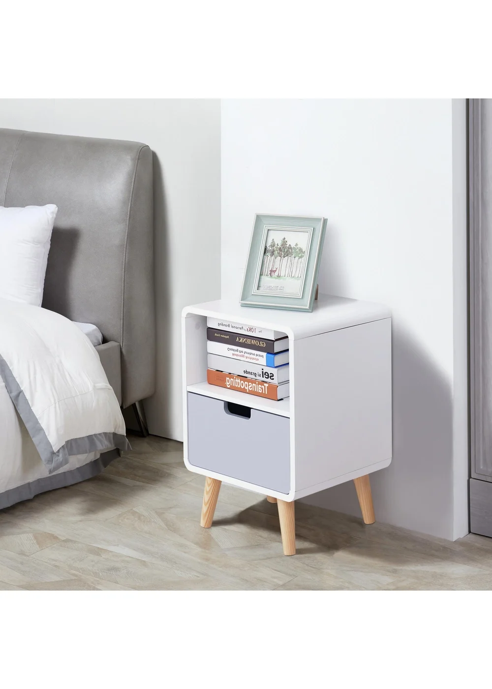 HOMCOM White Nordic Style Bedside Table (40cm x 38cm x 58cm) - One Size Image 2