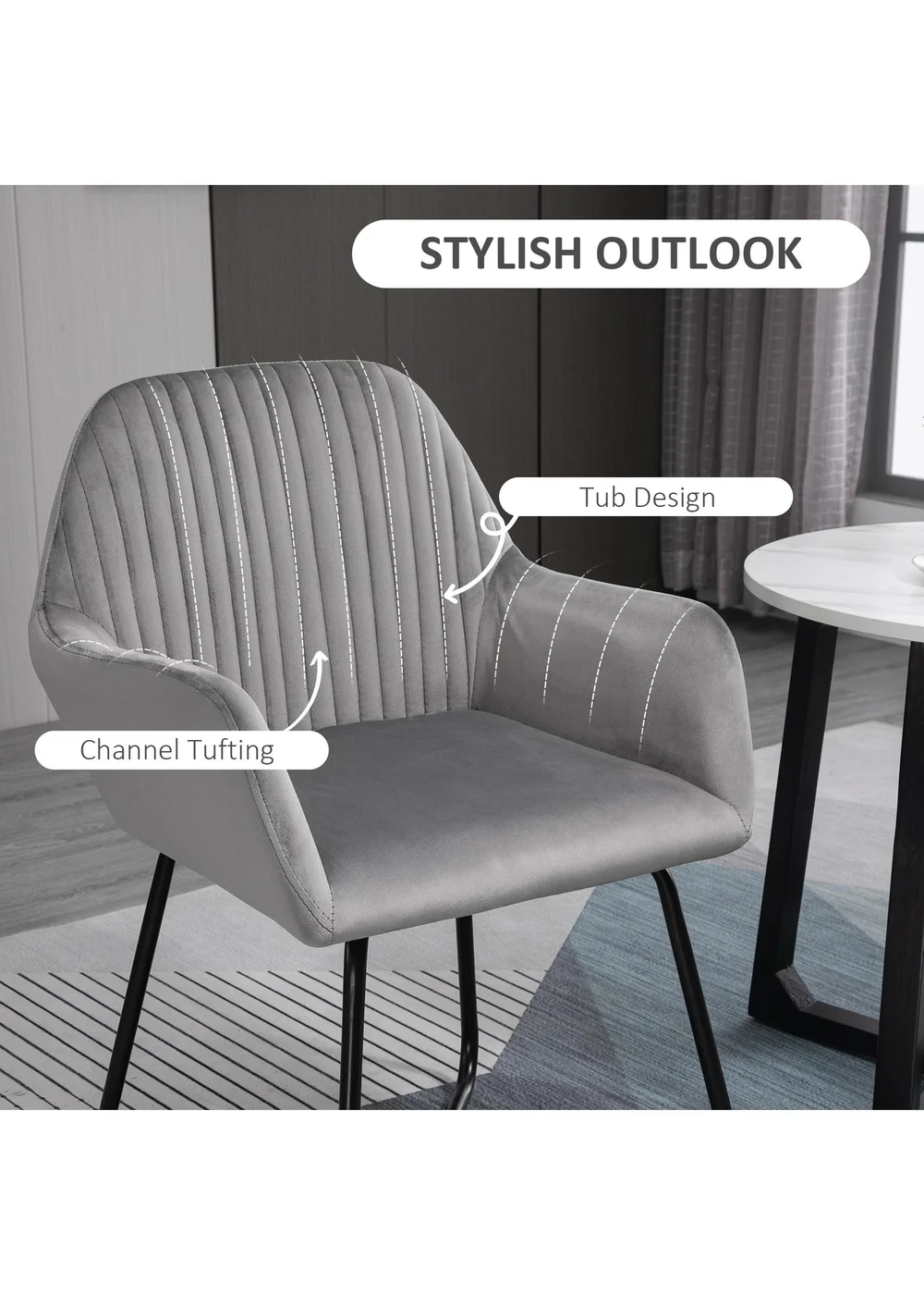 HOMCOM Grey Velvet-Feel Upholstered Accent Chair (60cm x 56.5cm x 85cm) - One Size Image 4