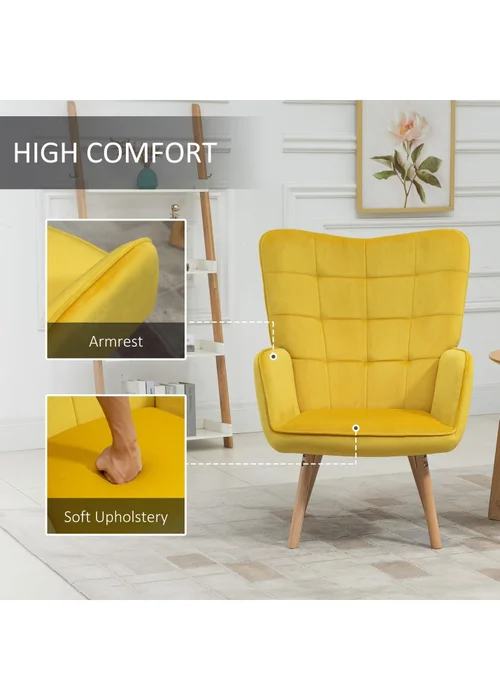 HOMCOM Yellow Modern Velvet-Touch Tufted Accent Chair (71cm x 76cm x 101cm) - One Size Image 4