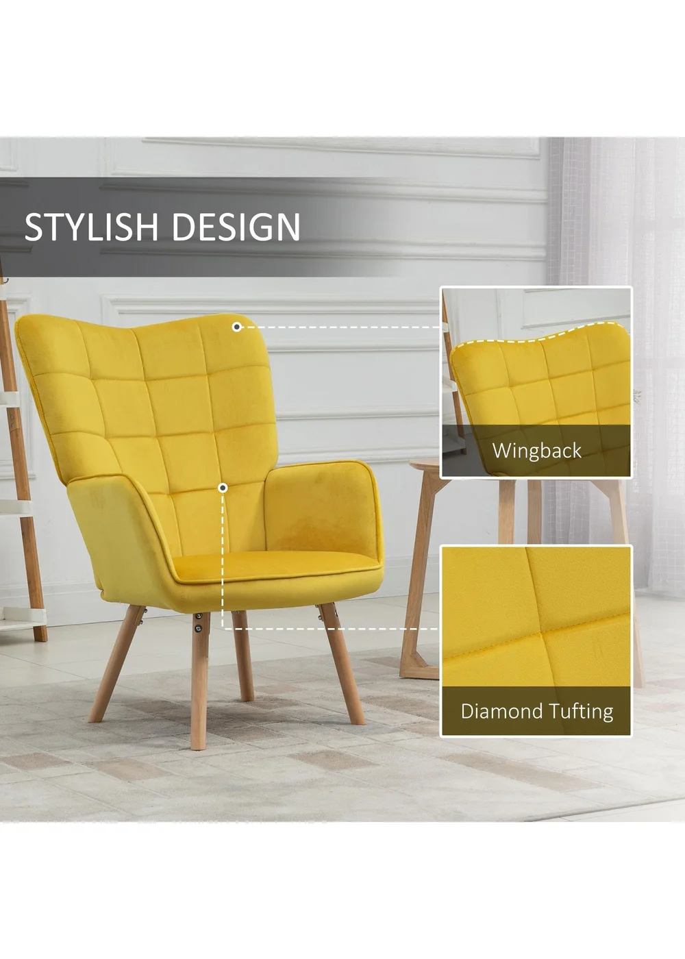 HOMCOM Yellow Modern Velvet-Touch Tufted Accent Chair (71cm x 76cm x 101cm) - One Size Image 5